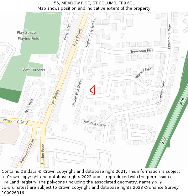 55, MEADOW RISE, ST COLUMB, TR9 6BL: Location map and indicative extent of plot