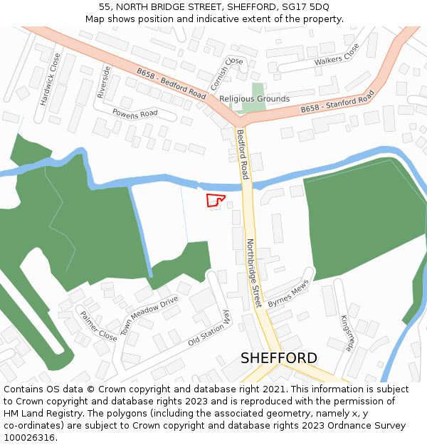 55, NORTH BRIDGE STREET, SHEFFORD, SG17 5DQ: Location map and indicative extent of plot