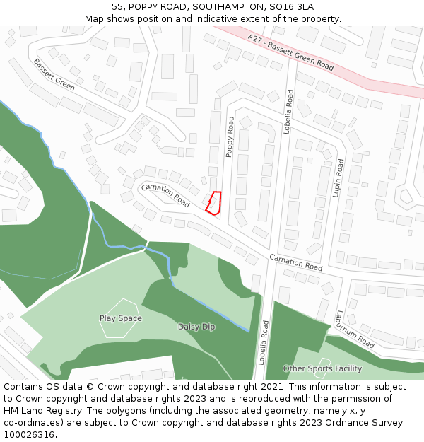 55, POPPY ROAD, SOUTHAMPTON, SO16 3LA: Location map and indicative extent of plot