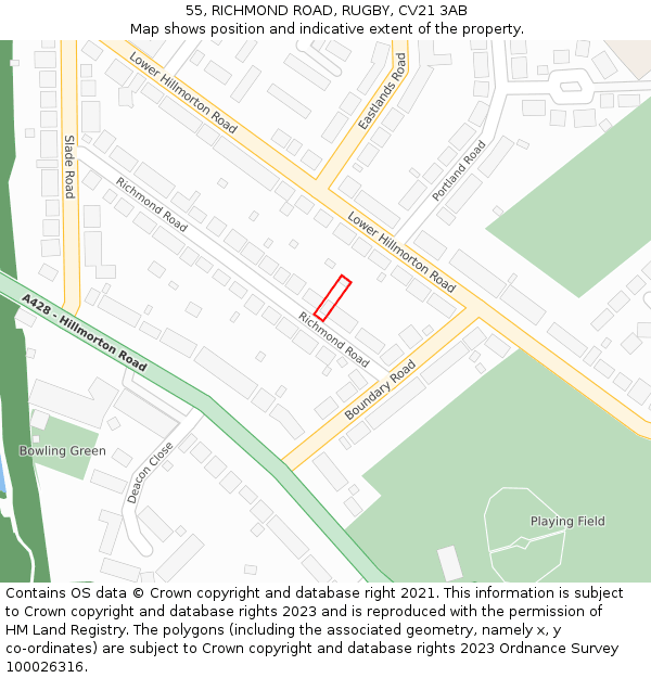 55, RICHMOND ROAD, RUGBY, CV21 3AB: Location map and indicative extent of plot