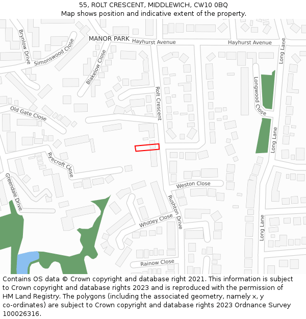 55, ROLT CRESCENT, MIDDLEWICH, CW10 0BQ: Location map and indicative extent of plot