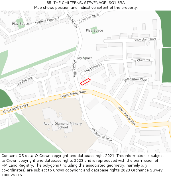 55, THE CHILTERNS, STEVENAGE, SG1 6BA: Location map and indicative extent of plot