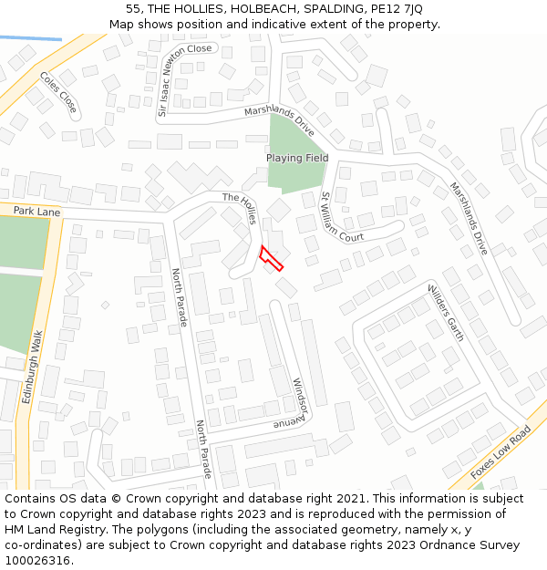 55, THE HOLLIES, HOLBEACH, SPALDING, PE12 7JQ: Location map and indicative extent of plot