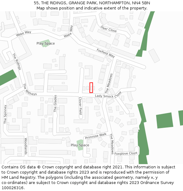 55, THE RIDINGS, GRANGE PARK, NORTHAMPTON, NN4 5BN: Location map and indicative extent of plot