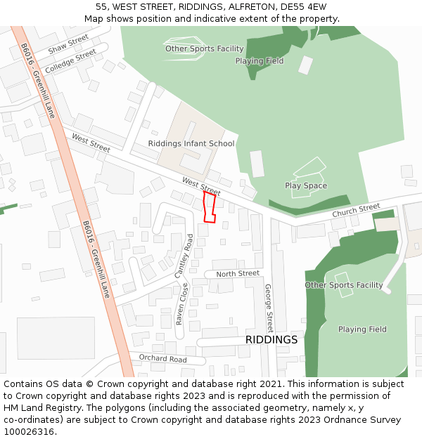 55, WEST STREET, RIDDINGS, ALFRETON, DE55 4EW: Location map and indicative extent of plot