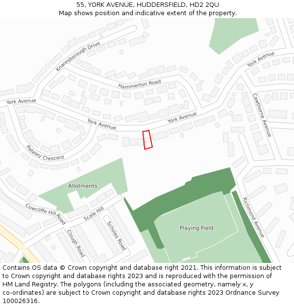 55, YORK AVENUE, HUDDERSFIELD, HD2 2QU: Location map and indicative extent of plot