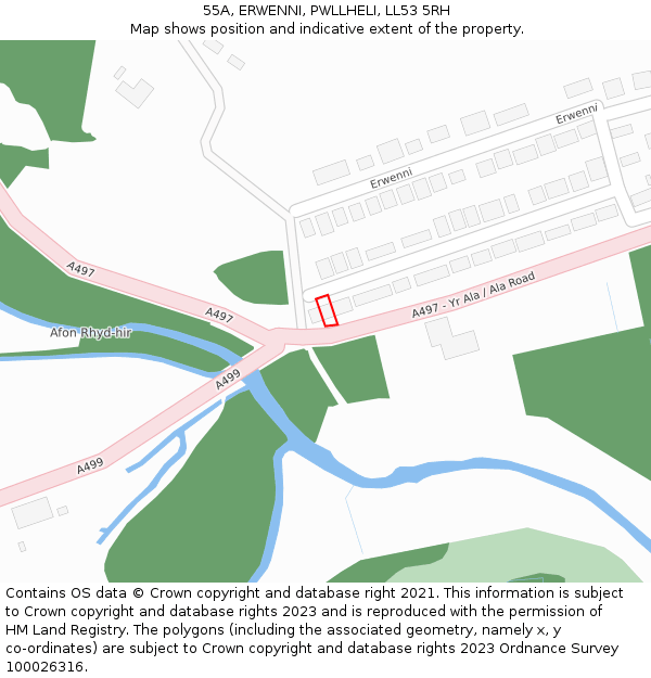 55A, ERWENNI, PWLLHELI, LL53 5RH: Location map and indicative extent of plot