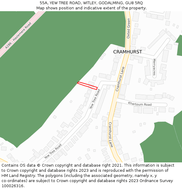 55A, YEW TREE ROAD, WITLEY, GODALMING, GU8 5RQ: Location map and indicative extent of plot