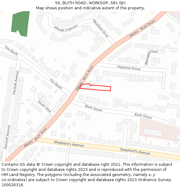 56, BLYTH ROAD, WORKSOP, S81 0JH: Location map and indicative extent of plot