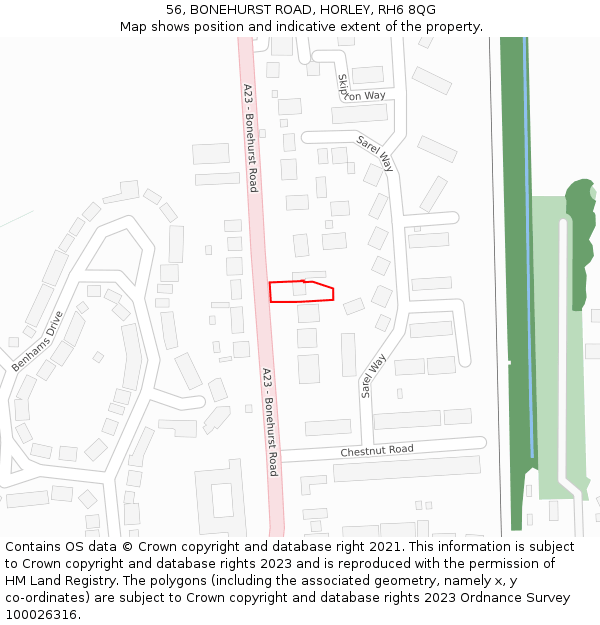 56, BONEHURST ROAD, HORLEY, RH6 8QG: Location map and indicative extent of plot