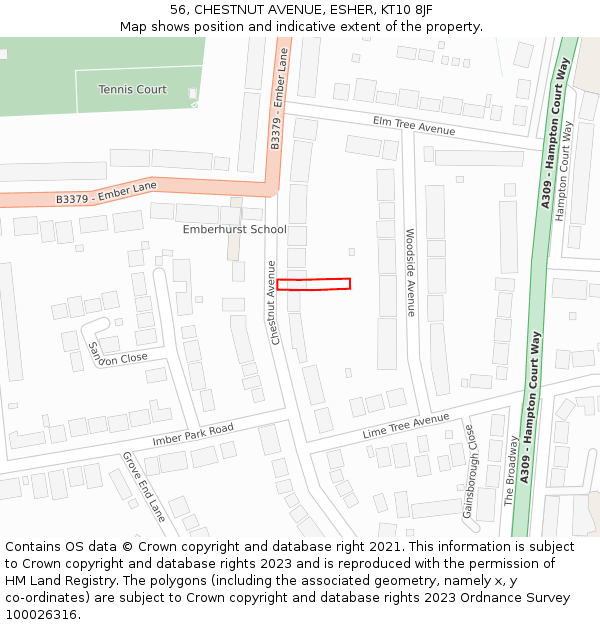 56, CHESTNUT AVENUE, ESHER, KT10 8JF: Location map and indicative extent of plot