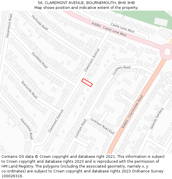 56, CLAREMONT AVENUE, BOURNEMOUTH, BH9 3HB: Location map and indicative extent of plot