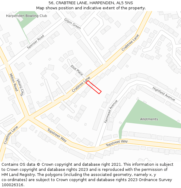 56, CRABTREE LANE, HARPENDEN, AL5 5NS: Location map and indicative extent of plot