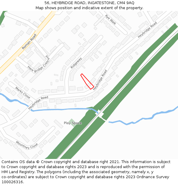 56, HEYBRIDGE ROAD, INGATESTONE, CM4 9AQ: Location map and indicative extent of plot