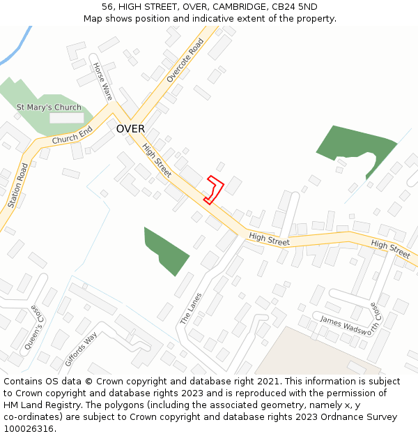 56, HIGH STREET, OVER, CAMBRIDGE, CB24 5ND: Location map and indicative extent of plot