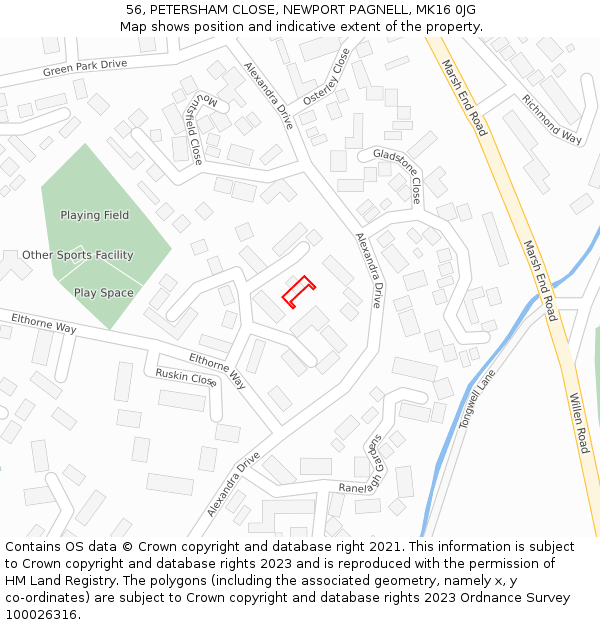 56, PETERSHAM CLOSE, NEWPORT PAGNELL, MK16 0JG: Location map and indicative extent of plot