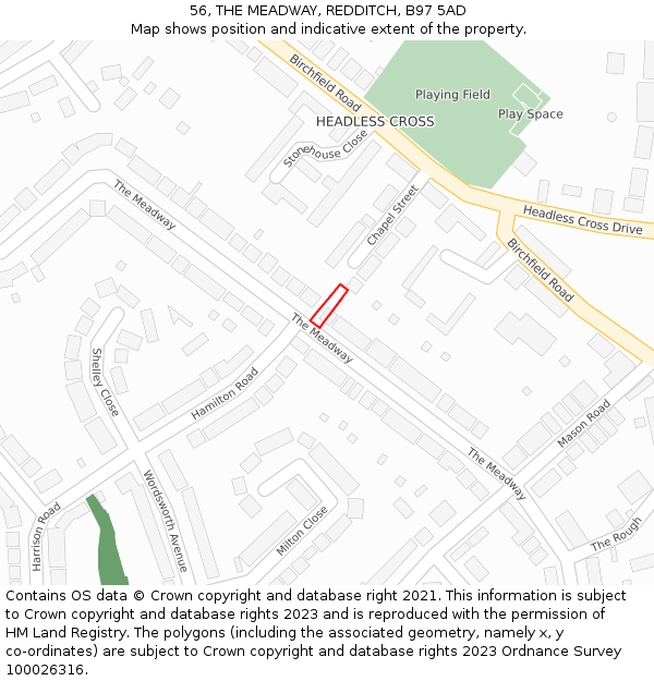 56, THE MEADWAY, REDDITCH, B97 5AD: Location map and indicative extent of plot