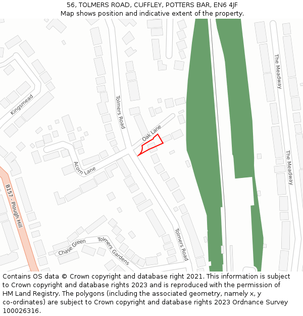 56, TOLMERS ROAD, CUFFLEY, POTTERS BAR, EN6 4JF: Location map and indicative extent of plot