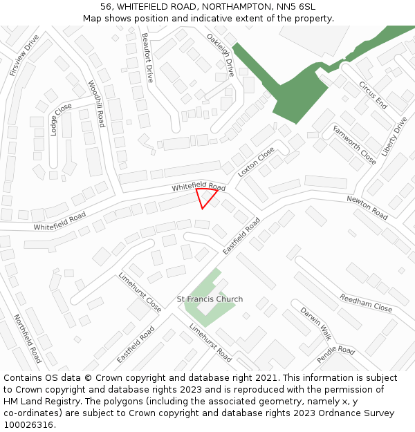 56, WHITEFIELD ROAD, NORTHAMPTON, NN5 6SL: Location map and indicative extent of plot