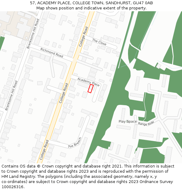 57, ACADEMY PLACE, COLLEGE TOWN, SANDHURST, GU47 0AB: Location map and indicative extent of plot
