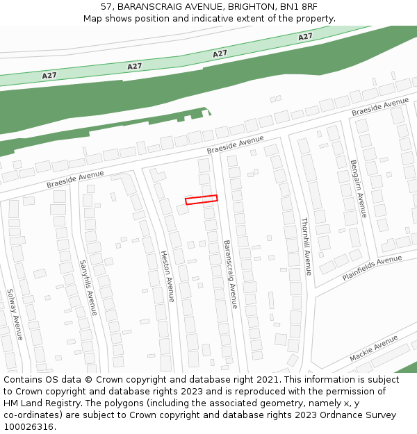 57, BARANSCRAIG AVENUE, BRIGHTON, BN1 8RF: Location map and indicative extent of plot