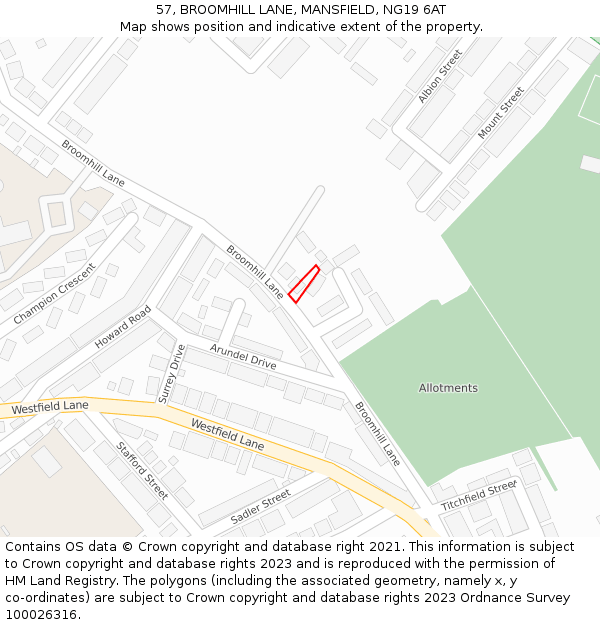 57, BROOMHILL LANE, MANSFIELD, NG19 6AT: Location map and indicative extent of plot