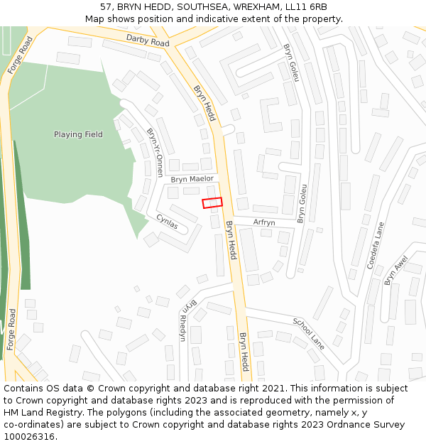 57, BRYN HEDD, SOUTHSEA, WREXHAM, LL11 6RB: Location map and indicative extent of plot