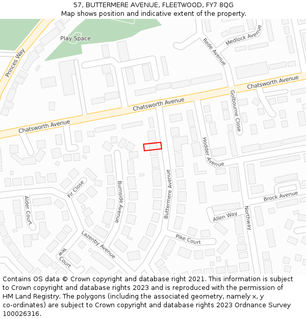 57, BUTTERMERE AVENUE, FLEETWOOD, FY7 8QG: Location map and indicative extent of plot