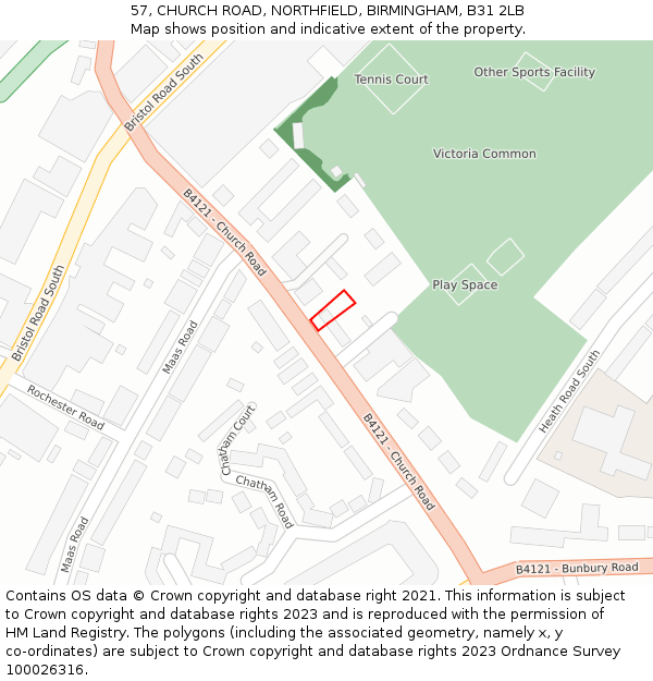 57, CHURCH ROAD, NORTHFIELD, BIRMINGHAM, B31 2LB: Location map and indicative extent of plot