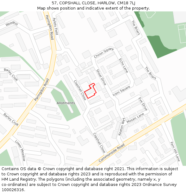 57, COPSHALL CLOSE, HARLOW, CM18 7LJ: Location map and indicative extent of plot