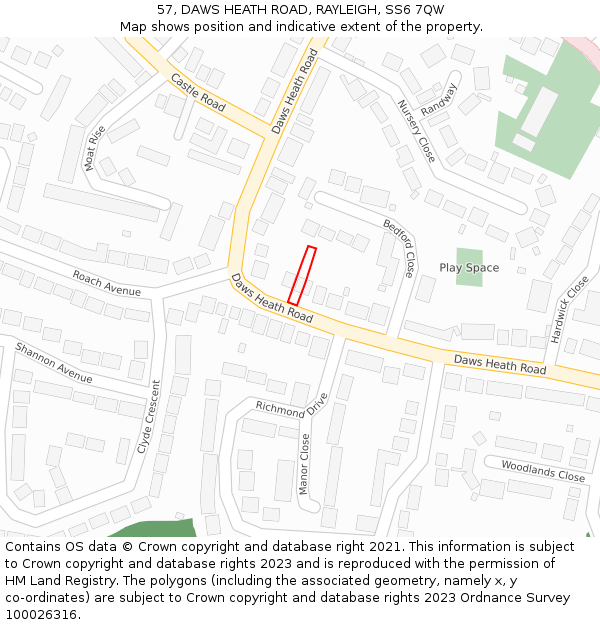 57, DAWS HEATH ROAD, RAYLEIGH, SS6 7QW: Location map and indicative extent of plot