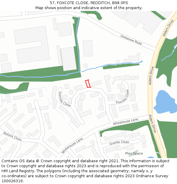 57, FOXCOTE CLOSE, REDDITCH, B98 0PS: Location map and indicative extent of plot