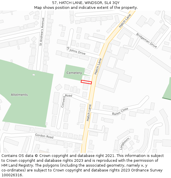 57, HATCH LANE, WINDSOR, SL4 3QY: Location map and indicative extent of plot