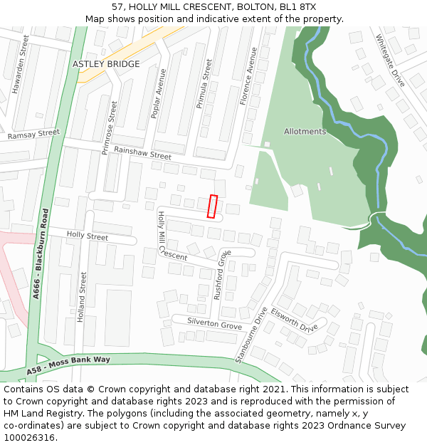 57, HOLLY MILL CRESCENT, BOLTON, BL1 8TX: Location map and indicative extent of plot