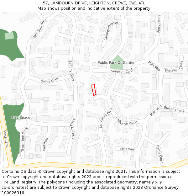 57, LAMBOURN DRIVE, LEIGHTON, CREWE, CW1 4TL: Location map and indicative extent of plot