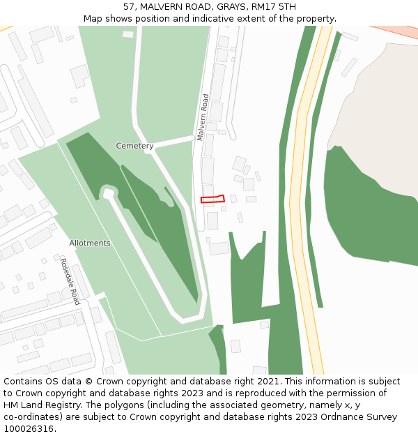 57, MALVERN ROAD, GRAYS, RM17 5TH: Location map and indicative extent of plot