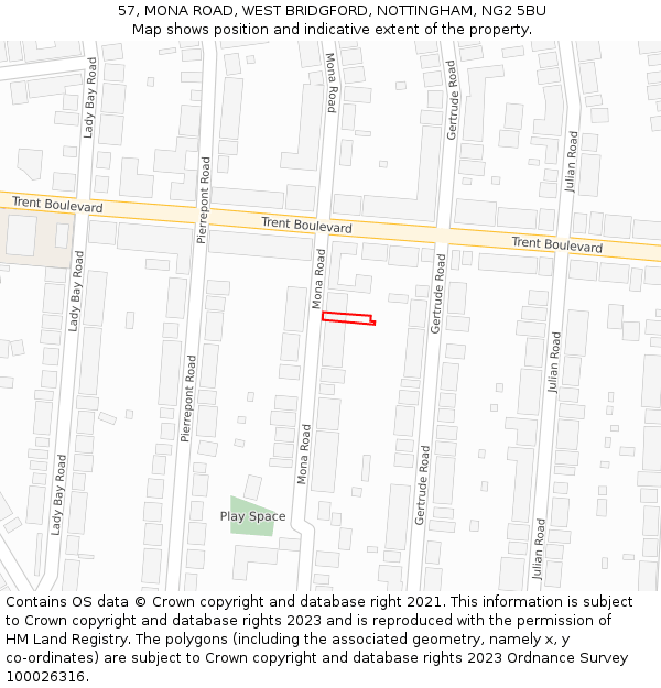 57, MONA ROAD, WEST BRIDGFORD, NOTTINGHAM, NG2 5BU: Location map and indicative extent of plot