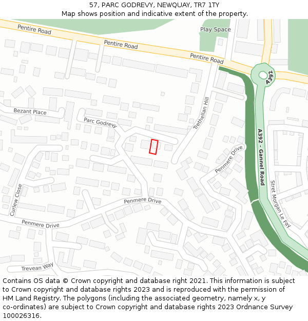 57, PARC GODREVY, NEWQUAY, TR7 1TY: Location map and indicative extent of plot