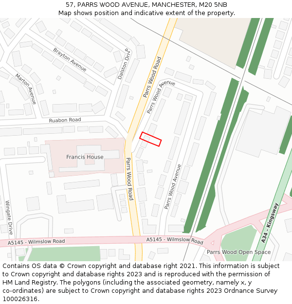 57, PARRS WOOD AVENUE, MANCHESTER, M20 5NB: Location map and indicative extent of plot