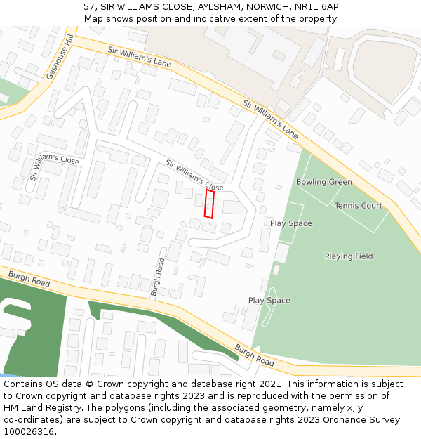 57, SIR WILLIAMS CLOSE, AYLSHAM, NORWICH, NR11 6AP: Location map and indicative extent of plot