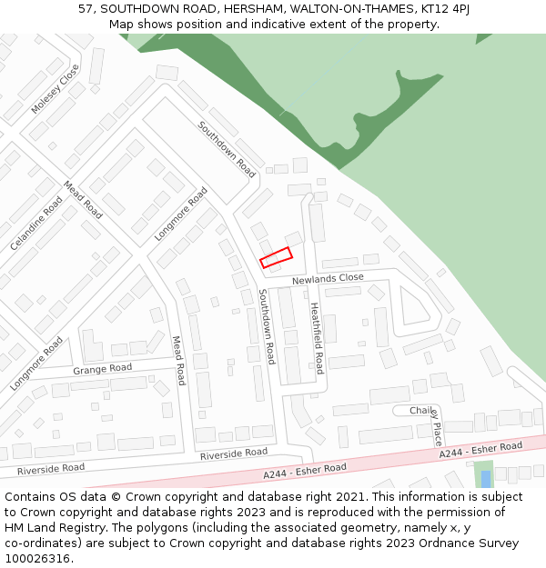 57, SOUTHDOWN ROAD, HERSHAM, WALTON-ON-THAMES, KT12 4PJ: Location map and indicative extent of plot