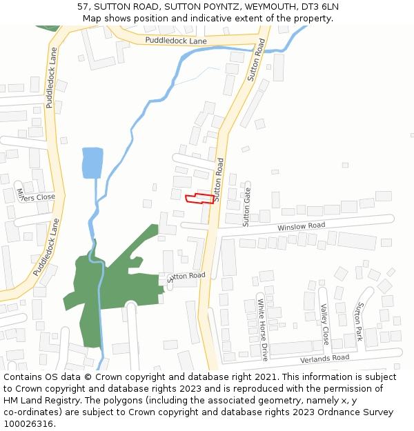 57, SUTTON ROAD, SUTTON POYNTZ, WEYMOUTH, DT3 6LN: Location map and indicative extent of plot