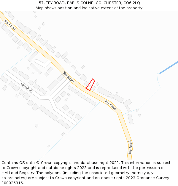 57, TEY ROAD, EARLS COLNE, COLCHESTER, CO6 2LQ: Location map and indicative extent of plot