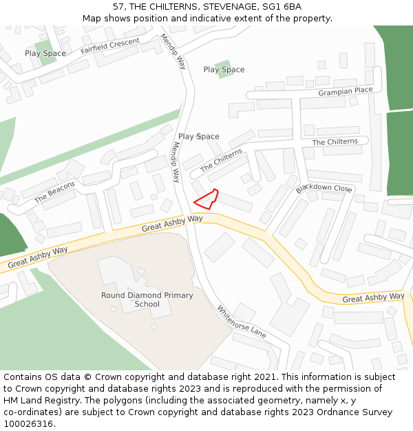 57, THE CHILTERNS, STEVENAGE, SG1 6BA: Location map and indicative extent of plot