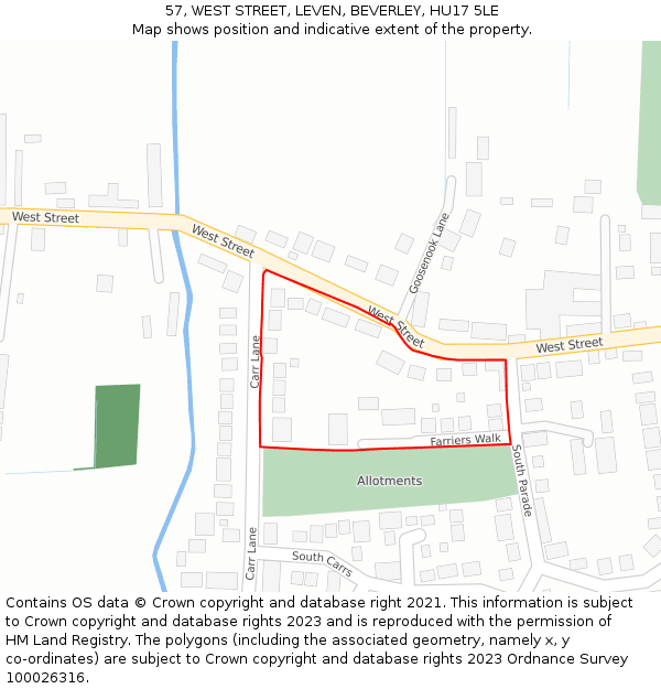 57, WEST STREET, LEVEN, BEVERLEY, HU17 5LE: Location map and indicative extent of plot