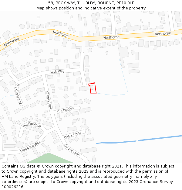 58, BECK WAY, THURLBY, BOURNE, PE10 0LE: Location map and indicative extent of plot