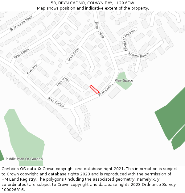 58, BRYN CADNO, COLWYN BAY, LL29 6DW: Location map and indicative extent of plot