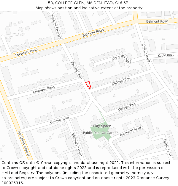 58, COLLEGE GLEN, MAIDENHEAD, SL6 6BL: Location map and indicative extent of plot