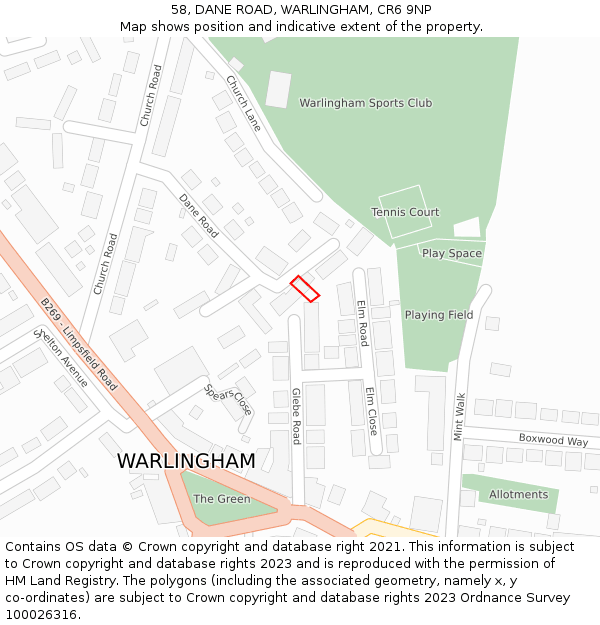 58, DANE ROAD, WARLINGHAM, CR6 9NP: Location map and indicative extent of plot