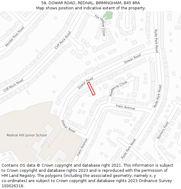 58, DOWAR ROAD, REDNAL, BIRMINGHAM, B45 8RA: Location map and indicative extent of plot